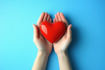 Hands holding a red heart shape on a blue background