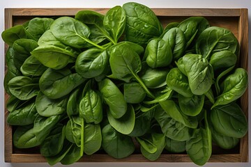 Wall Mural - Spinach leaves on a white wooden background viewed from above, generative IA