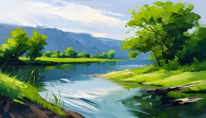 Wall Mural - artful illustration of green riverside landscape in expressive painting style with textured brush strokes