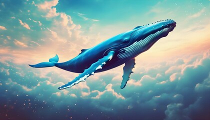 Wall Mural - Ethereal scene of a blue whale soaring through a dreamy sky