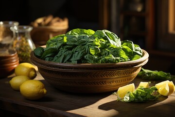 Wall Mural - Spinach leaves washed on a bowl on a wooden table, generative IA