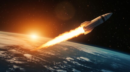 Fototapete - A rocket ascends into the cosmos, leaving a trail of fire against the dark sky as the sun rises on the horizon. The scene captures the thrilling moment of exploration and discovery.
