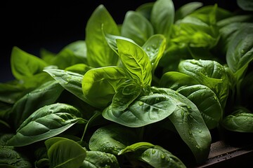 Wall Mural - Fresh Green Leaves of Spinach in Neutral Gray Concrete, generative IA