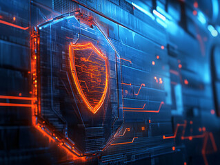 cyber security shield - digital protection concept - abstract 3d render with blue and orange lights