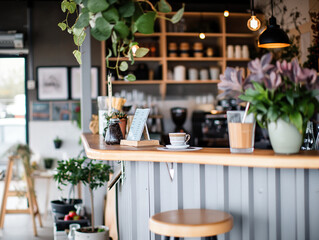 trendy indie local cafe, with barstools, bench top interior design, coffee and barista equipment, sophisticated authentic styling, indoor plants, local business, bright and light, minimalism, modern