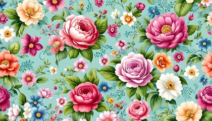 Wall Mural - vibrant floral background with colorful blooms and lush greenery