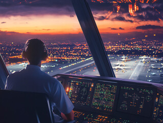 air traffic controller cockpit view at sunset with city lights and busy airport runway