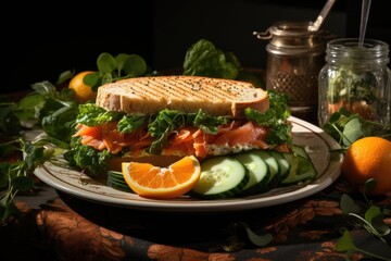 Wall Mural - Plan sandwich with cucumber and salmon on the plate with spinach, generative IA