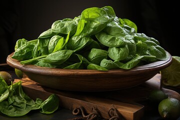 Wall Mural - Wooden bowl with fresh spinach on a natural black slate stone, generative IA