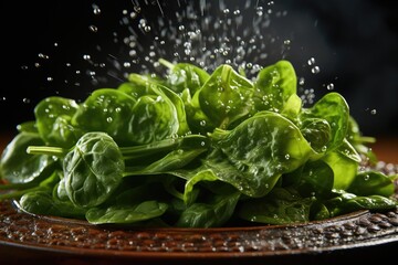 A fresh spinach stroke leaves in drops of water on a plate on a slate plate. Veg, generative IA