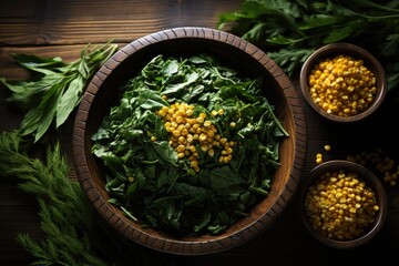 Wall Mural - Upper view of the bowl full of dried corn with corn cut and spinach in the wood , generative IA