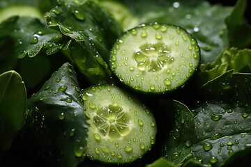 Wall Mural - Upper view of cucumber and spinach slices, generative IA