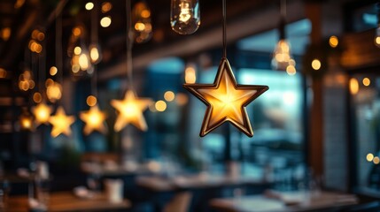 Poster - A collection of star-shaped hanging lights illuminates a stylish cafe, enhancing the inviting ambiance. Patrons can be seen enjoying their time in the comfortably lit space during evening hours.