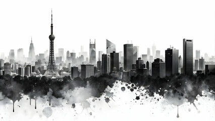 Dynamic black and white of Tokyo skyline with ink splatters , urban, energy, artistic, skyline, Tokyo, Japan, ink