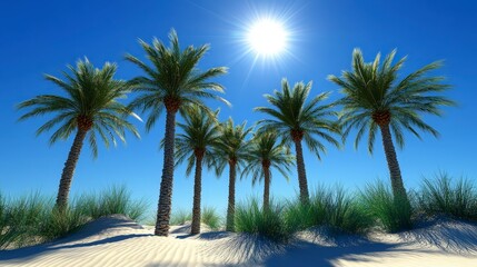 Sunlit palm trees on a sandy beach under clear blue sky