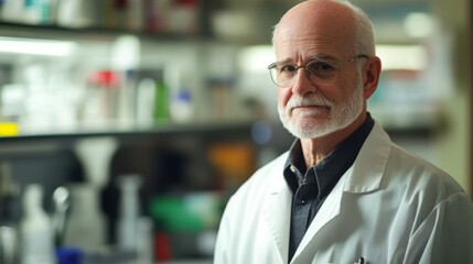 Fototapete - An elderly researcher with glasses and a white lab coat stands thoughtfully in a well-equipped laboratory filled with scientific equipment
