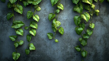 Green ivy leaves cascading down a textured concrete wall surface