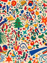 Poster - The artwork showcases an intricate pattern filled with various Christmas symbols, creating a vibrant and joyful holiday spirit. Generative AI