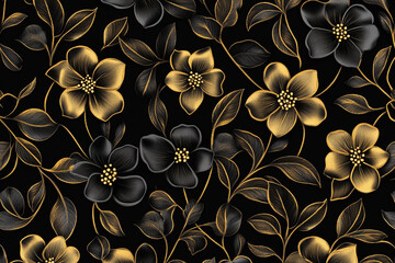 Wall Mural - Black and gold floral pattern background..