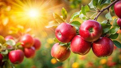 Fresh red apples on branch with sunny bokeh background , apples, red, fresh, hanging, tree, branch, sunny, blurred