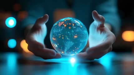 Wall Mural - hands holding a glowing high-tech sphere with digital elements visible