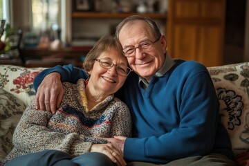 Senior couple and hugging on sofa in home together