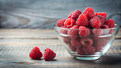 Raspberries displayed in a clear glass bowl , fresh, vibrant, fruit, tasty, healthy, organic, antioxidant, red, juicy, dessert