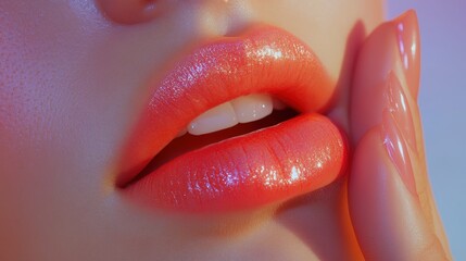 Close-up of glossy pink lips with hand touching cheek