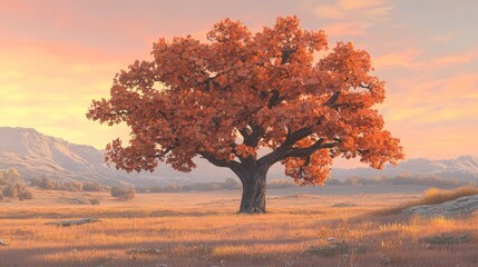 Wall Mural - Beautiful oak tree in autumn landscape with golden sunset background