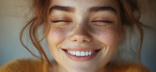 A joyful young woman with freckles smiles brightly, radiating happiness and warmth.