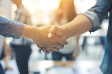 close up of handshake between two business partners symbolizes trust and collaboration in professional setting. warm lighting enhances positive atmosphere of moment