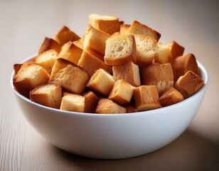 Wall Mural - A white bowl filled with golden brown cubed bread pieces.