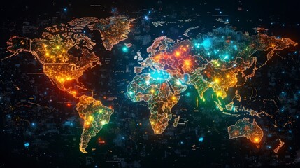 Wall Mural - illuminated world map with vibrant city lights on dark background