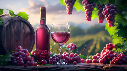 Bottles and wineglasses with grapes and barrel in rural scene background. Traditional winemaking and wine tasting.