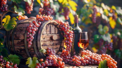 Bottles and wineglasses with grapes and barrel in rural scene background. Traditional winemaking and wine tasting.