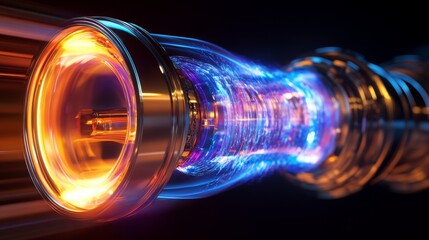 Poster - An orange-glowing tube extends out of a cylindrical casing. The tube is made of a clear material, and the glowing blue light emanating from the tube is visible inside