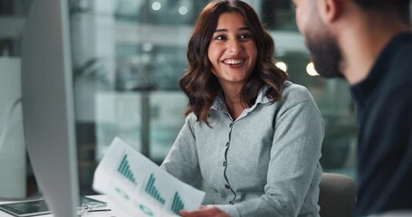 Poster - People, employees and high five in office with computer or document with graphs for financial reports or review. teamwork, collaboration and happy or excited with project success and achievement