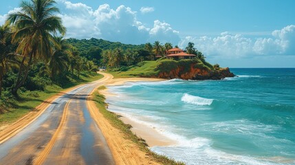 Scenic coastal road with palm trees and waves under a blue sky.