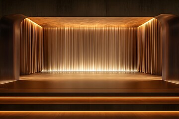 Wall Mural - Minimalist Stage with Gold Curtains and Warm Lighting