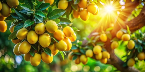 juicy marula fruit hangs from a tree, nestled among vibrant green leaves, basking in the warm sunlig