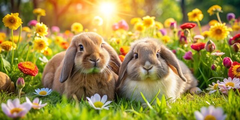 Lop bunnies lounge peacefully in a lush green meadow, surrounded by vibrant flowers and warm sunshine, creating a