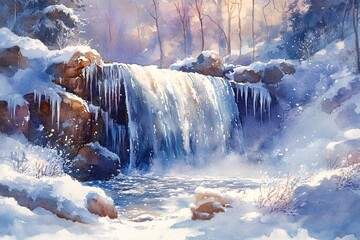 Poster - Watercolor Painting of Frozen Waterfall Cascading Over Icy Rocks, Sparkling Snow and Glistening Icicles