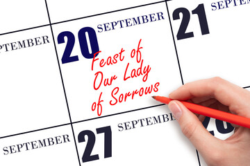 Canvas Print - September 20. Hand writing text Feast of Our Lady of Sorrows on calendar date. Save the date.