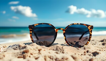 Chic Sunglasses on Sandy Beach with Ocean Waves and Bright Blue Sky, Embracing the Essence of Summer Vacation