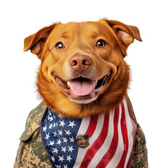 Wall Mural - Adorable Brown Dog With Military Shirt and American Flag for Veterans Day. Isolated on a Transparent Background. Cutout PNG.