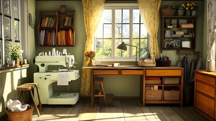 Wall Mural - 35. a charming sewing room with a vintage sewing machine, fabric storage, and a work table