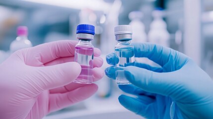 Leinwandbilder - Two gloved hands hold vials of liquid. The vial in the left hand is clear with a pink tint, while the vial in the right hand is clear.
