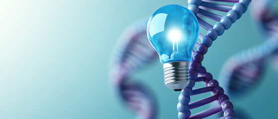 explore a vibrant abstract composition showcasing a blue light bulb and a purple 3d dna helix, symbo