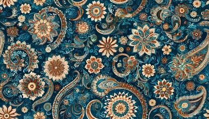 Sticker - Traditional Indian Indigo Floral Patterns: Seamless Woodblock Print of Rajasthans Marigolds on Ecru Background