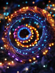 Aufkleber - Brightly colored Christmas lights form dynamic spirals, illuminating the surroundings with a festive and enchanting glow in the evening. Generative AI